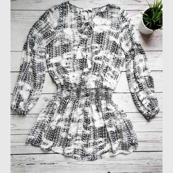 PARKER Maeve Silk Printed Long Sleeve Black and White Abstract Short Dress S - Picture 1 of 8